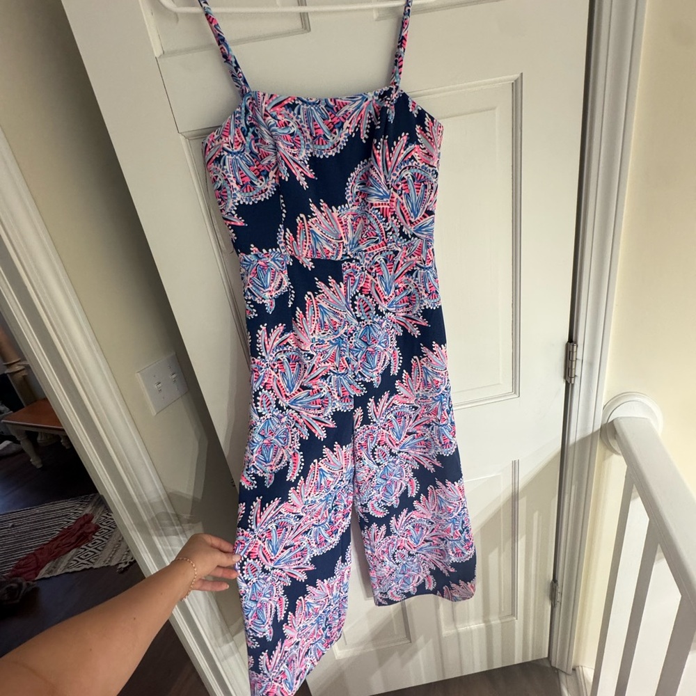 Lilly Pulitzer Navy and Pink Leaf Print Jumpsuit